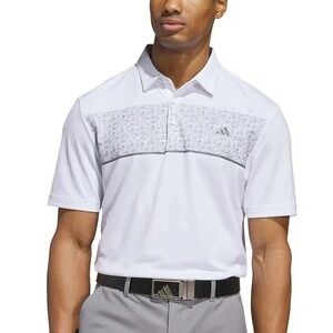 ADIDAS Golf Polo Mens XL (46-48) White Gray Floral Flowers Moisture Wicking NWT‎